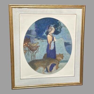 Main photo of the painting seen straight on and from a very slightly raised angle The frame is gilded wood and there are 2 mounts square and oval to centre. The painting is primarily different shades of blue; the dress, the trees, the sea with the big cats and other items in brown and gilt. The colours of the whole painting including the frame compliment the whole. The lady is facing out towards the sea. She is very beautiful with fine slender features. The cats are also looking the same way.