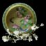 Main photo of bowl displayed in an upright position to show the interior decoration of peonies and butterfly. The bowl is set against a black background with a spray of small white orchid flowers in the foreground which enhances the colour of the bowl.