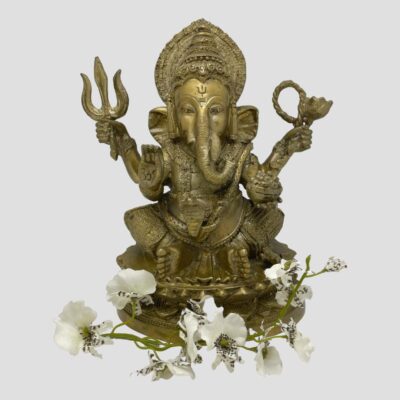 Main photo of Lord Ganesha seen from an eye level from the front. He is seen with all eight of his sacred symbol attributes on display namely, The goad, noose, rat, cobra belt, broken tusk, lotus base and tusk turned to his left (our right) There is a small spray of white orchid flowers across the floor at his base