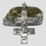 Main photo showing the Joan of Arc side of cross. It is leaning against a natural rock of lapis but the rock side. The Fleur de Lis bail is resting on the rock at the top.