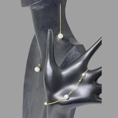 Photo of the items displayed on the dark coloured display stands and seen from a side view.