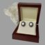 Main photo showing the earrings displayed inside their box. The box is at a slight angle to the left for both earrings to catch the light and shine! The box is of reddish brown wood and there is a rock of natural quartz crystal behind the open lid.