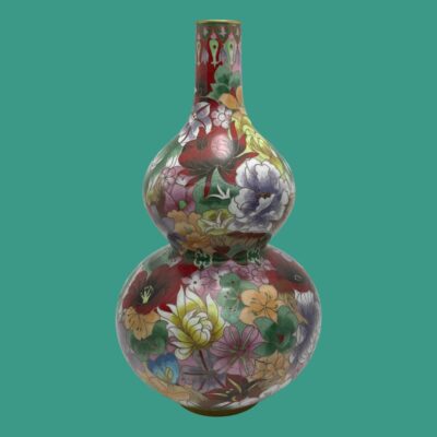 Main photo of pot seen from an eye level hi-lighting the wonderful gourd shape. There are no gaps in the floral decoration at all on this pot with every area filled with different flowers in all shapes, sizes and colours.
